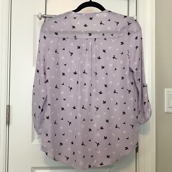 Sweet Rain lilac 3/4 sleeve blouse with black & white bird print (S/M) - Picture 2 of 15